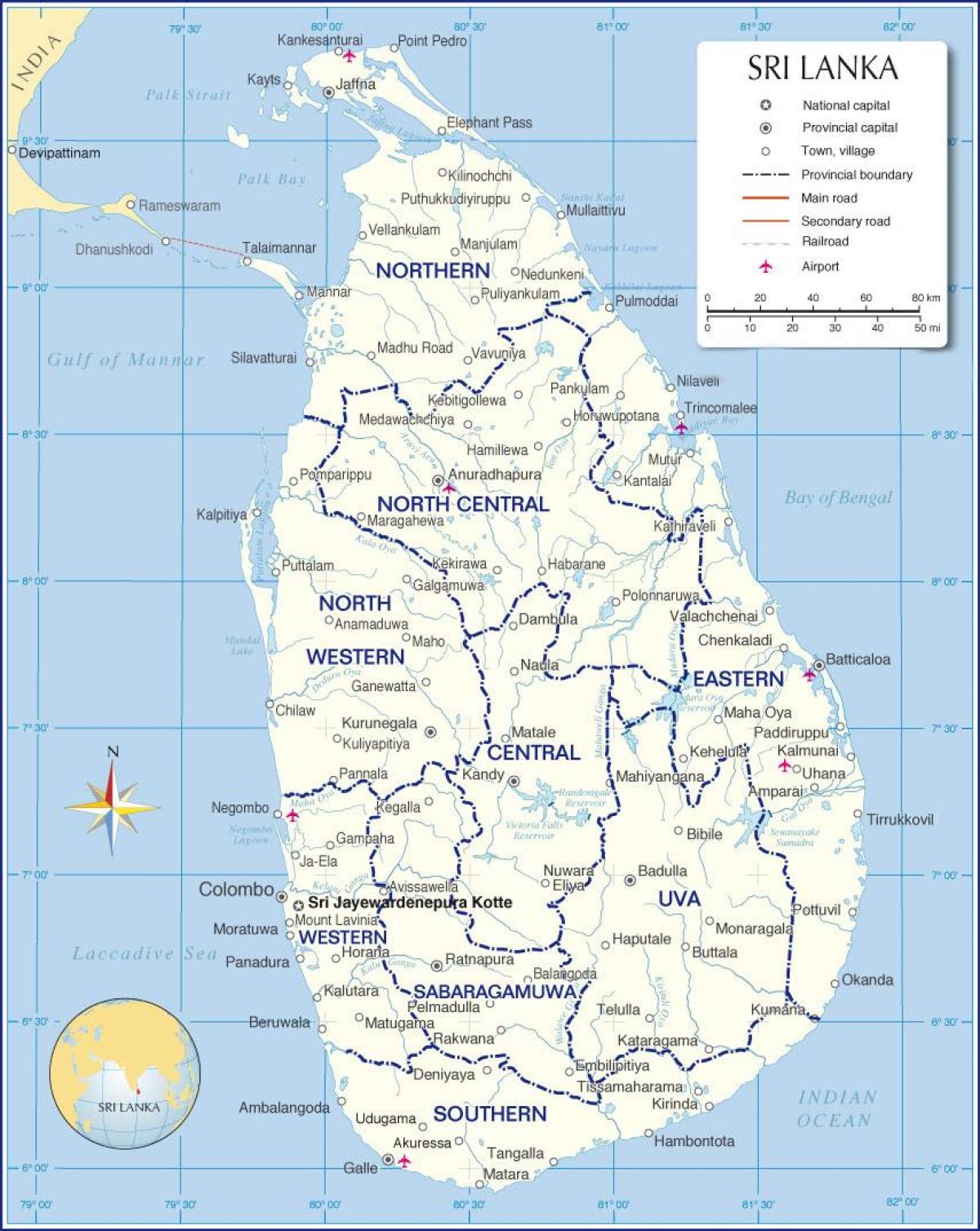 karta över internationella flygplatser i Sri Lanka