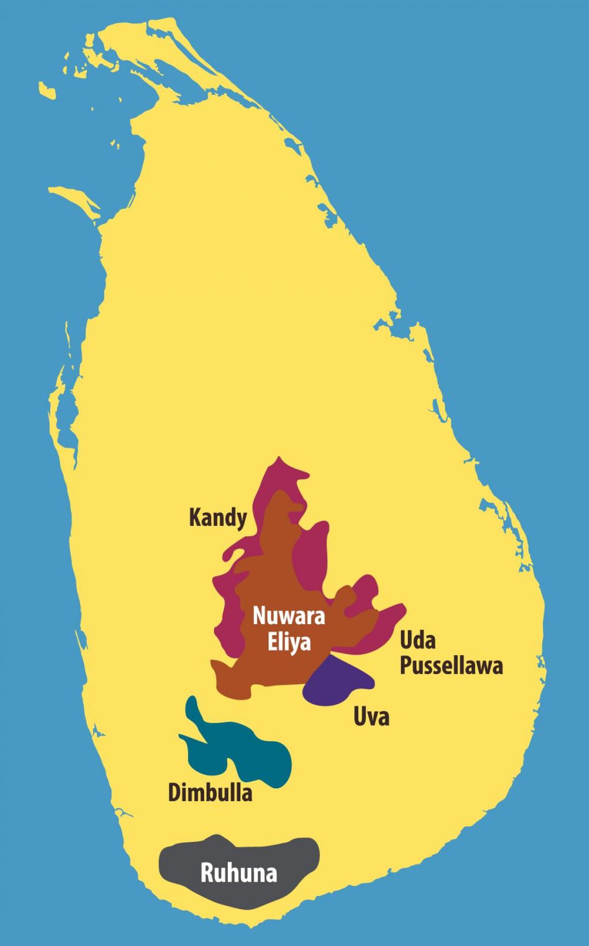 karta över Sri Lanka te-plantage