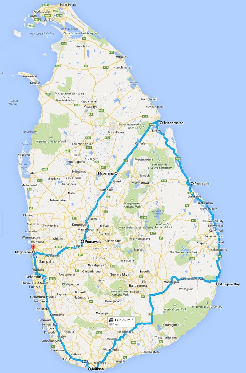 Sri Lanka bästa stränder karta