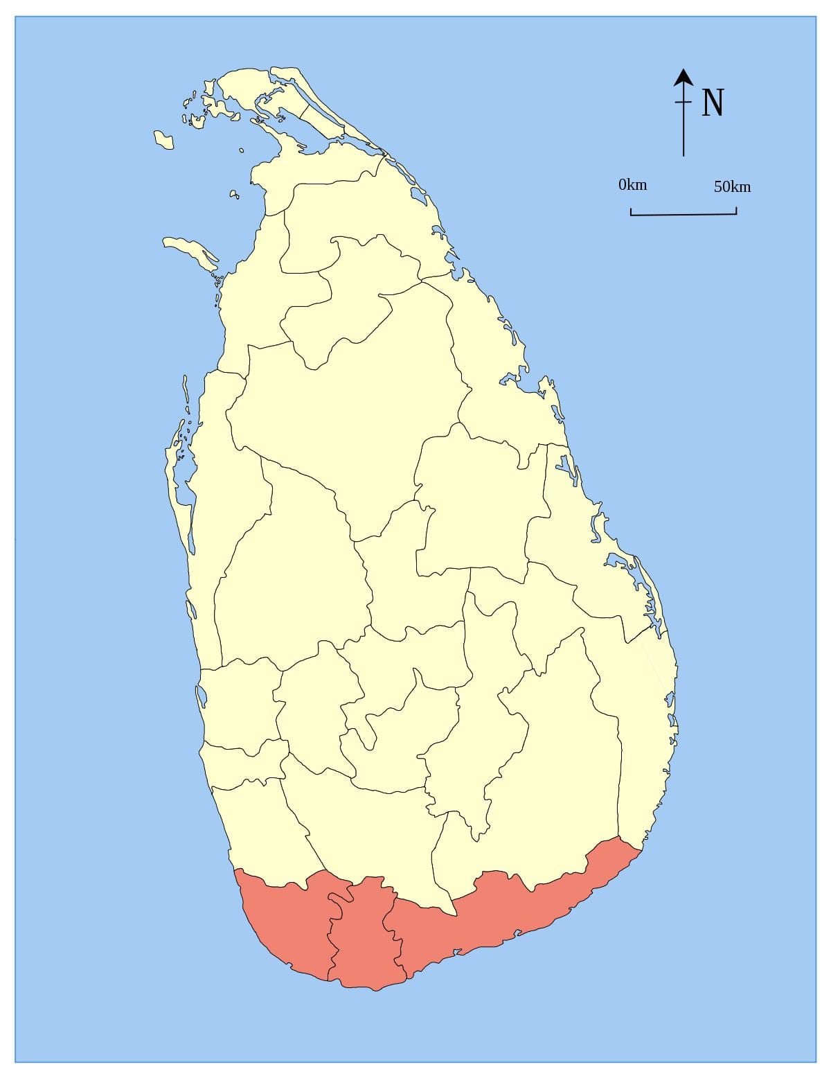 karta över söderut Sri Lanka