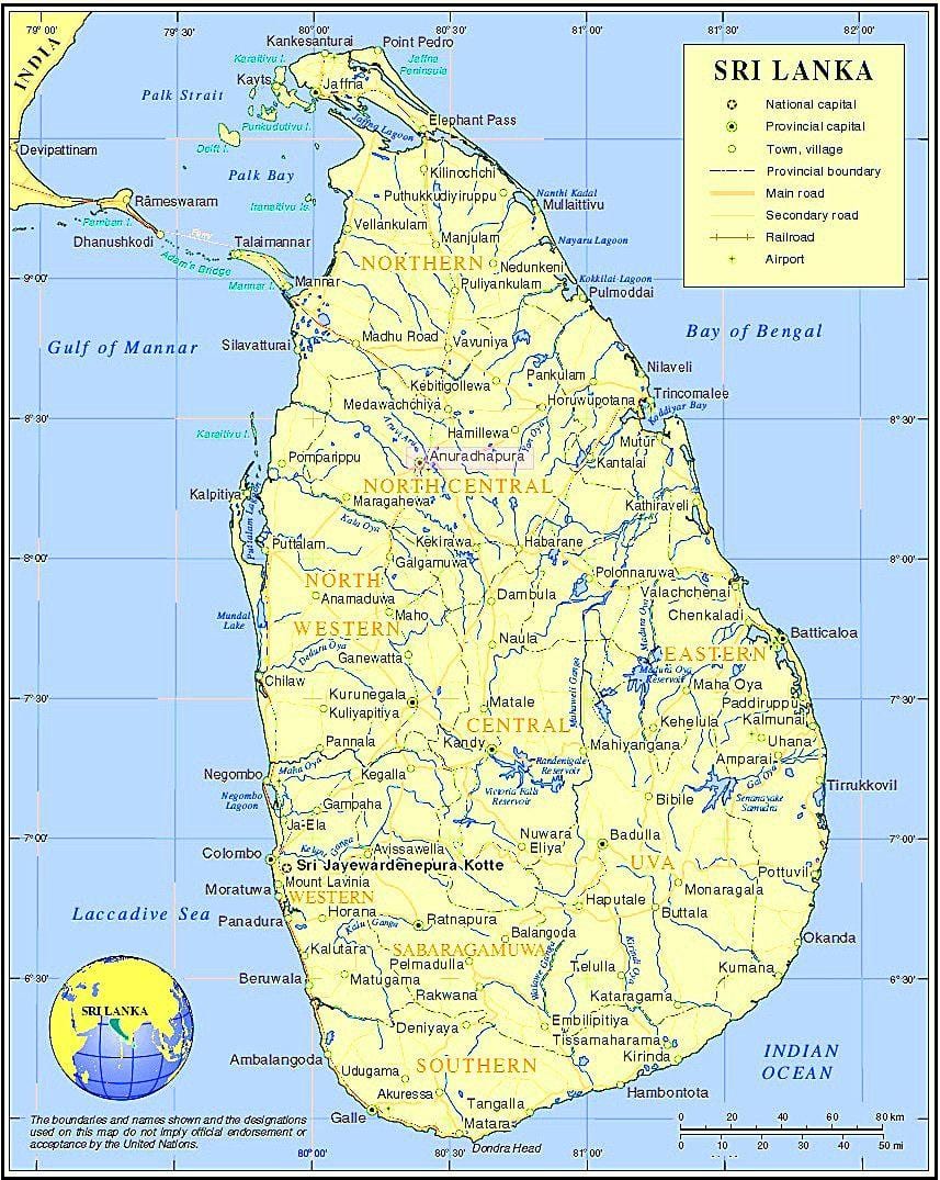 karta över sjöar i Sri Lanka