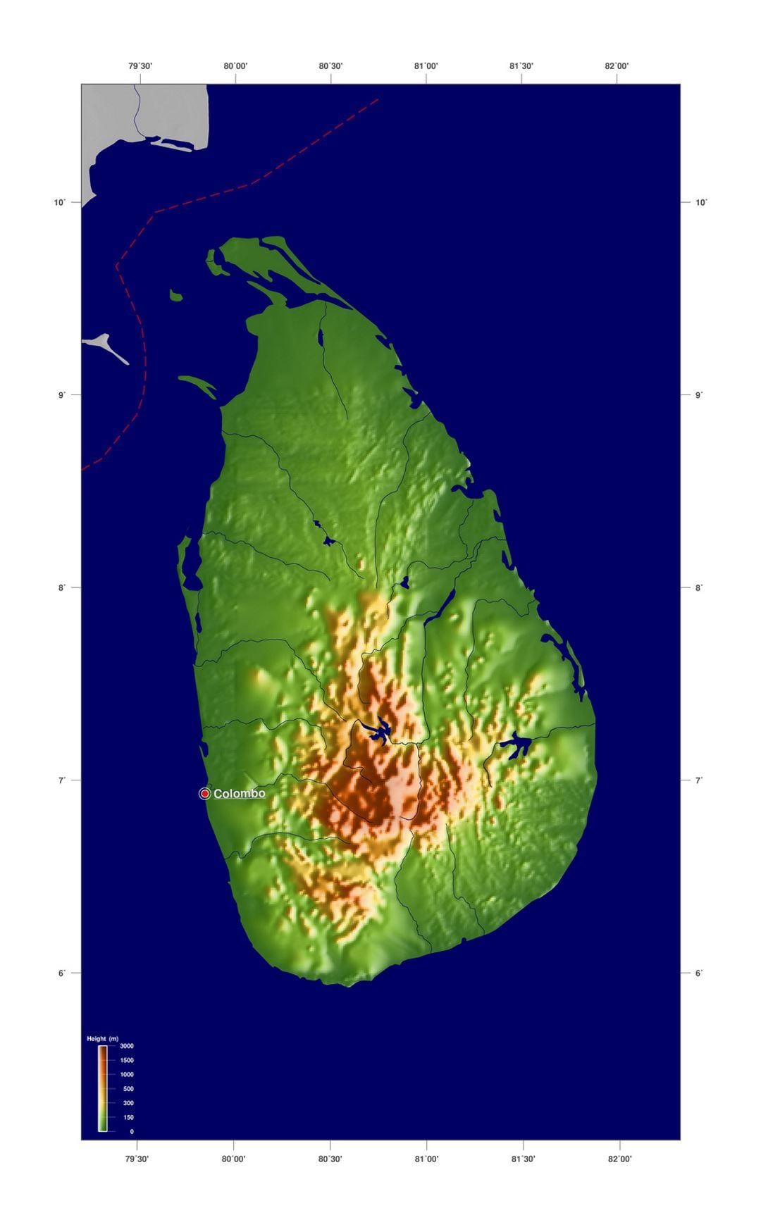 karta över Sri Lanka höjd