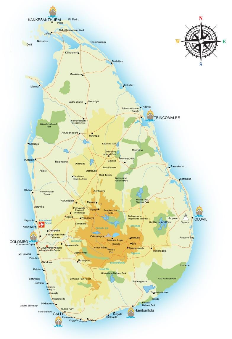 karta över Sri Lanka portar