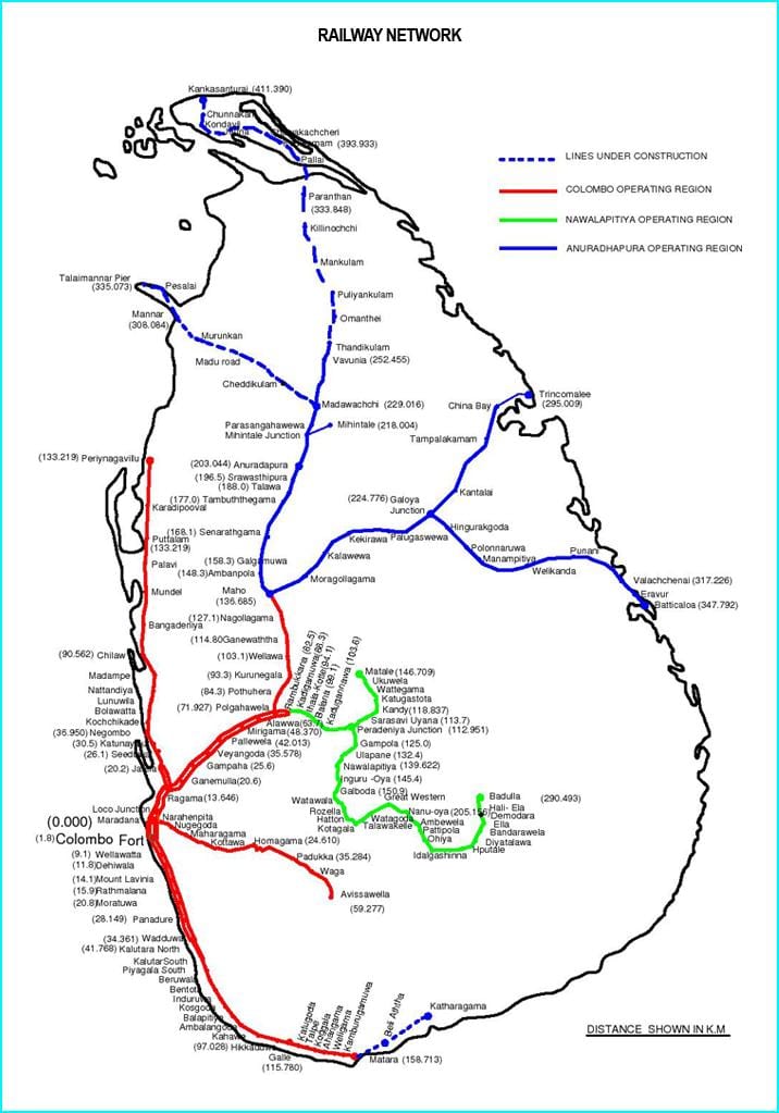 Sri Lanka järnvägsnätet karta