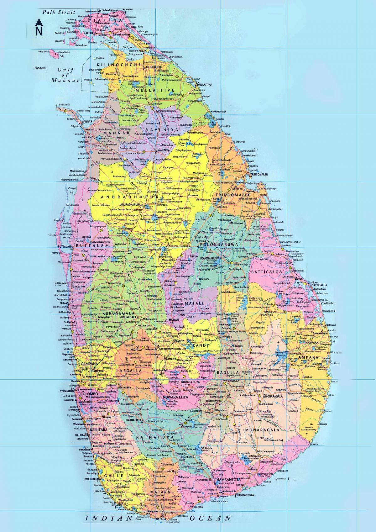 detaljerad karta över Sri Lanka med vägar