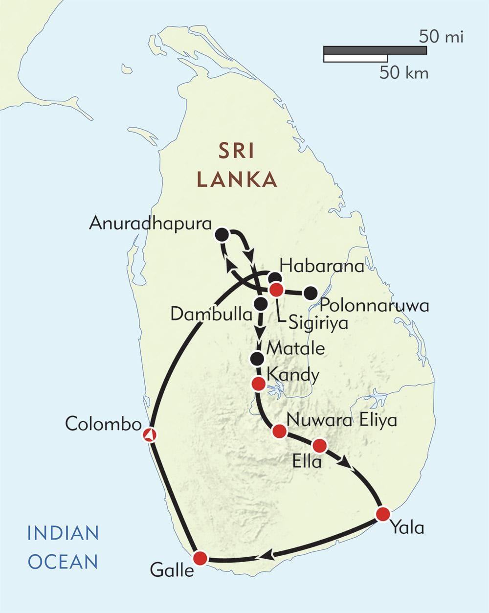 karta över Sri Lanka resväg