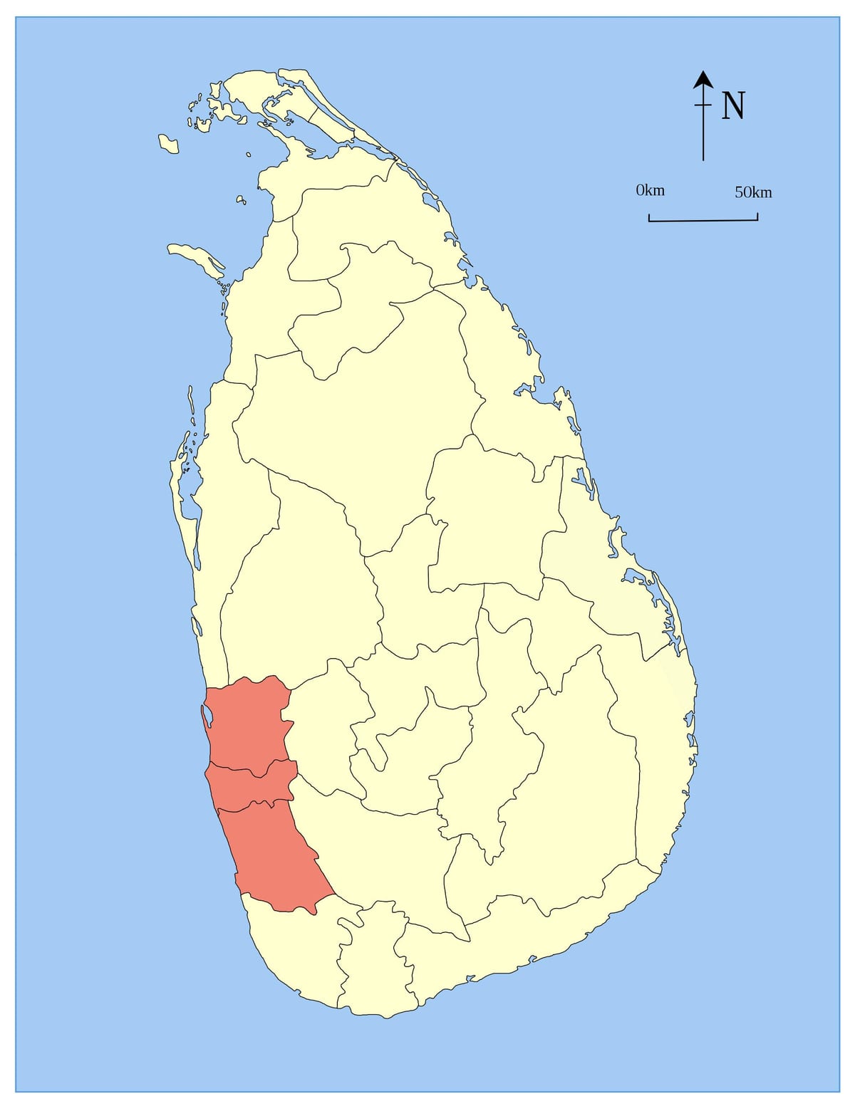karta över Sri Lanka västra provinsen
