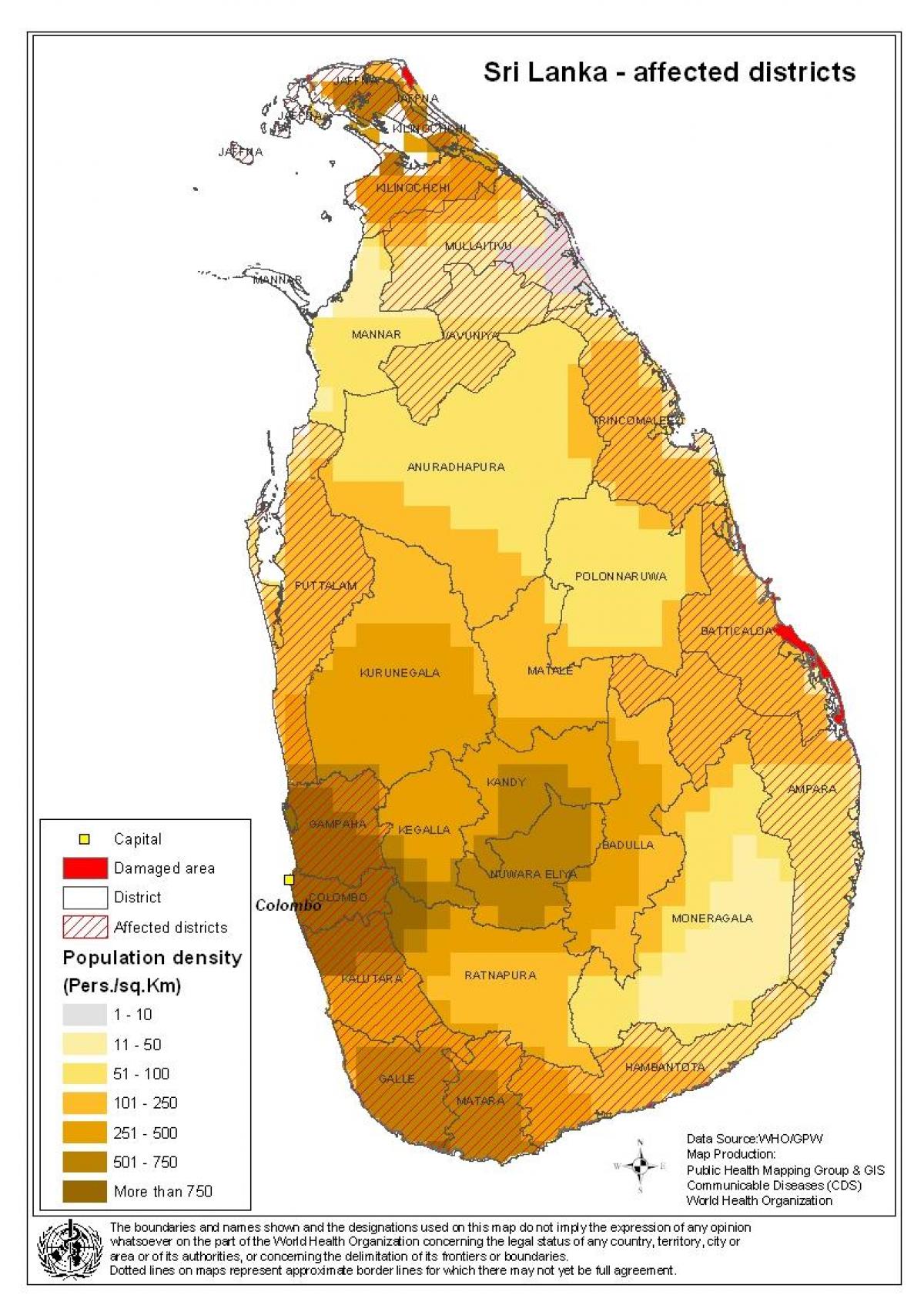 karta över Sri Lankas befolkning densitet