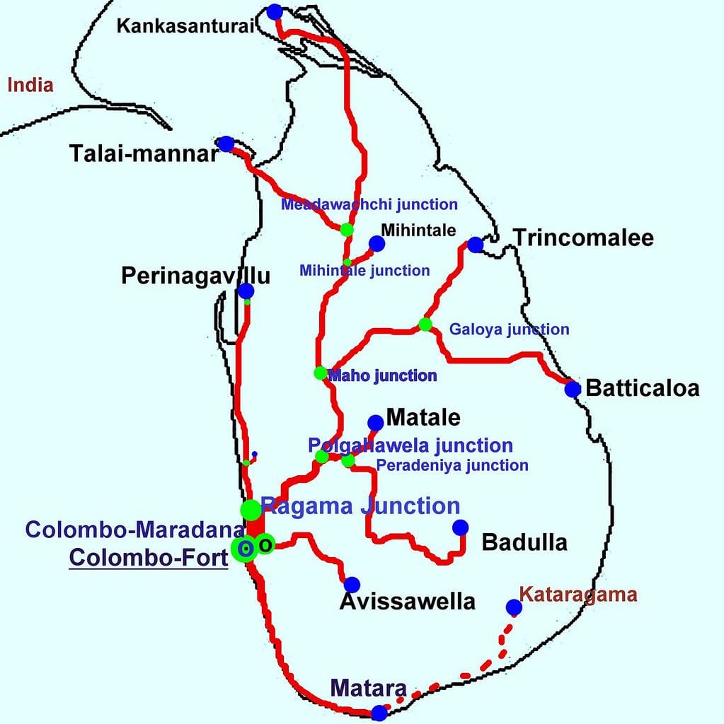 karta över Sri Lanka tåglinjer