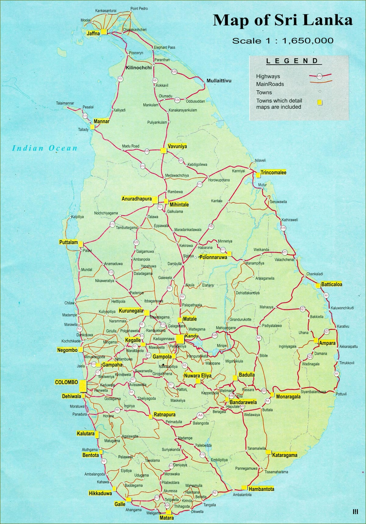 karta över turist karta över Sri Lanka med road